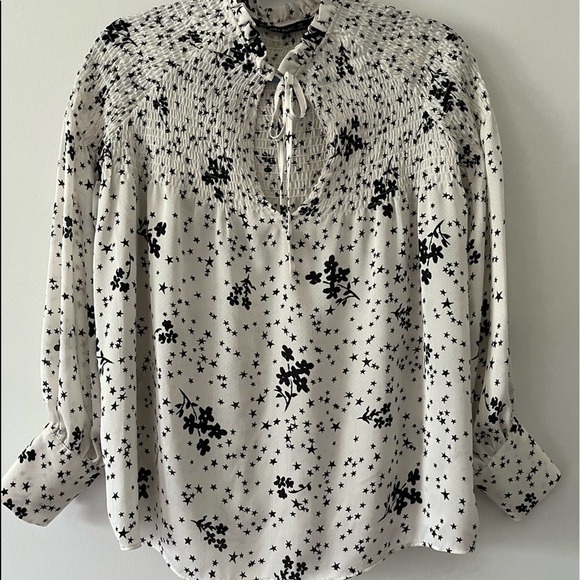 Zara Basic White With Black Stars Floral Tunic Blouse Small - Picture 1 of 8